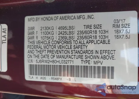 2017 Honda Cr-V Ex-L/Ex-L Navi из США, поврежденный, VIN 5J6RW2H80HL032771